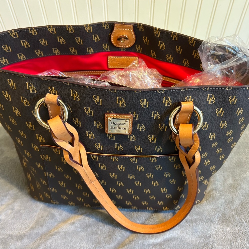 Dooney & Bourke Brown and Red Tote Bag with Signature Monogram